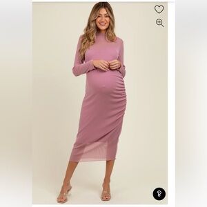 Pink Blush Maternity Pink Shimmer Mesh Long Sleeve Ruched Midi Dress